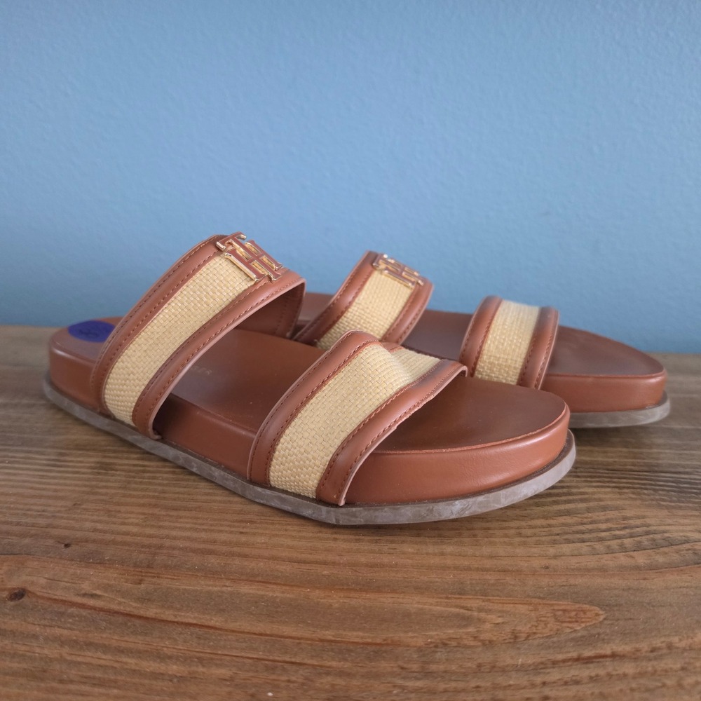 Tommy Hilfiger Womens Slide Sandals Tan Woven Double Strap TH Logo‎ Size 8.5